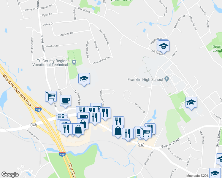 map of restaurants, bars, coffee shops, grocery stores, and more near 2412 Franklin Crossing Road in Franklin