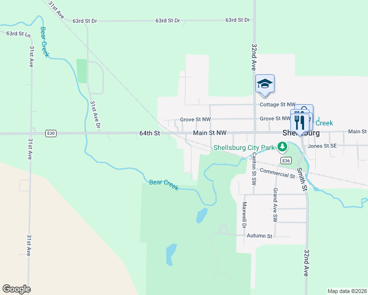 map of restaurants, bars, coffee shops, grocery stores, and more near 136 Taylor Street Southwest in Shellsburg