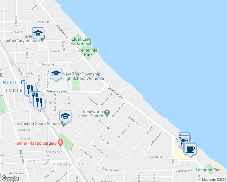 map of restaurants, bars, coffee shops, grocery stores, and more near Sheridan Rd & Melrose Ave in Kenilworth