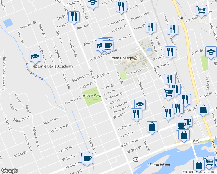 map of restaurants, bars, coffee shops, grocery stores, and more near 429 West 5th Street in Elmira