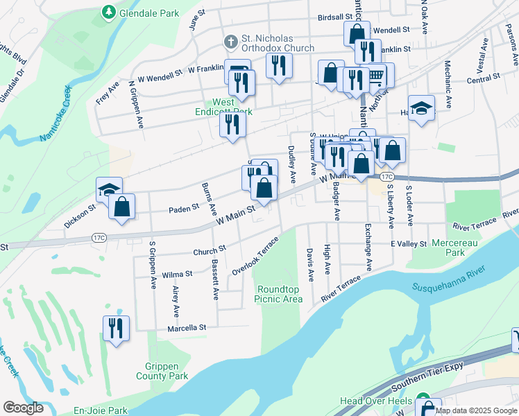map of restaurants, bars, coffee shops, grocery stores, and more near 508 East Main Street in Endicott