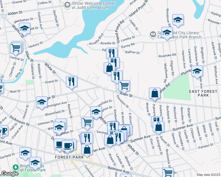 map of restaurants, bars, coffee shops, grocery stores, and more near 326 Allen Street in Springfield