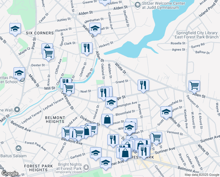 map of restaurants, bars, coffee shops, grocery stores, and more near 299 Oakland Street in Springfield