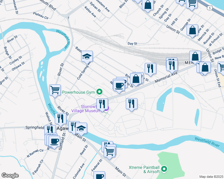 map of restaurants, bars, coffee shops, grocery stores, and more near 17 Exposition Ave in West Springfield