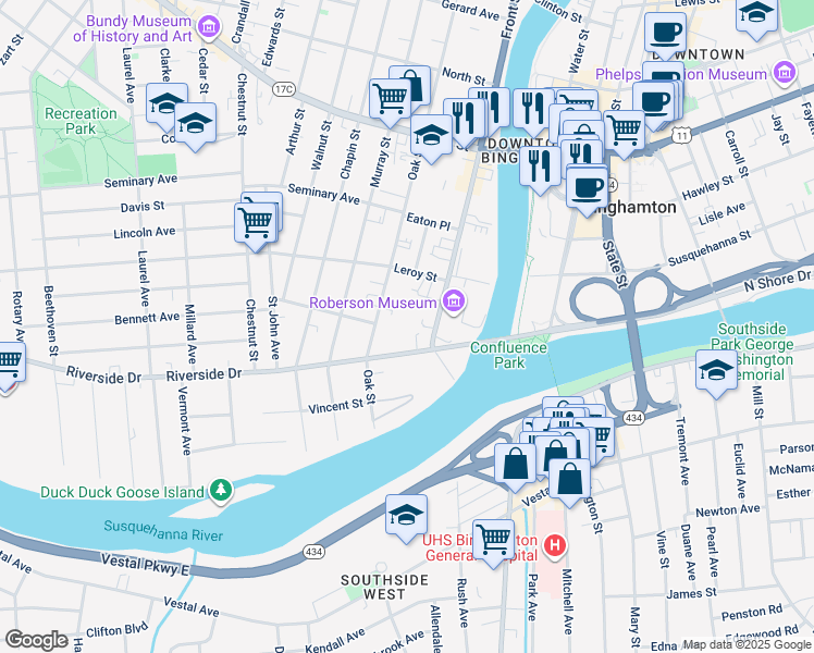 map of restaurants, bars, coffee shops, grocery stores, and more near 16 Riverside Drive in Binghamton