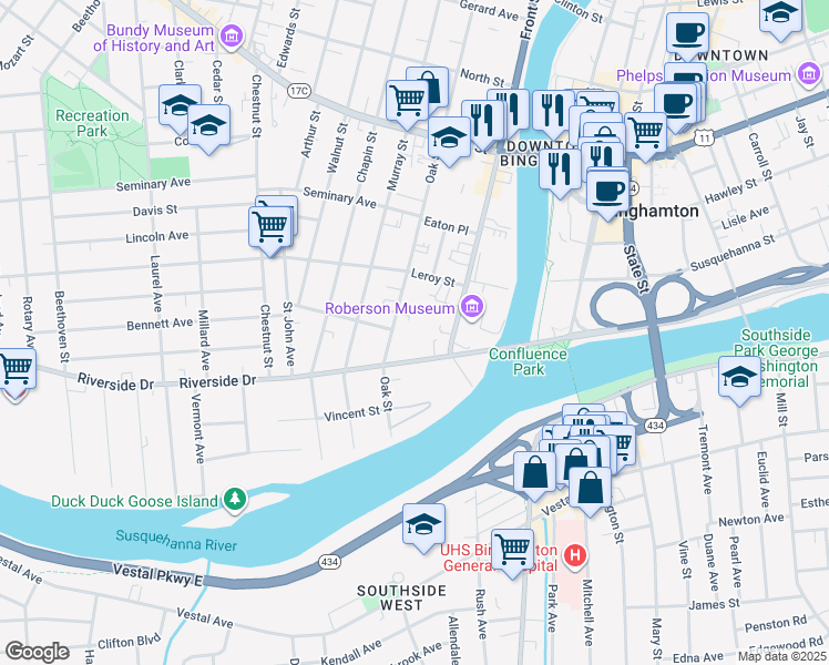 map of restaurants, bars, coffee shops, grocery stores, and more near 16 Riverside Drive in Binghamton