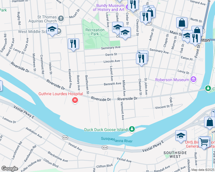 map of restaurants, bars, coffee shops, grocery stores, and more near 46 Johnson Avenue in Binghamton