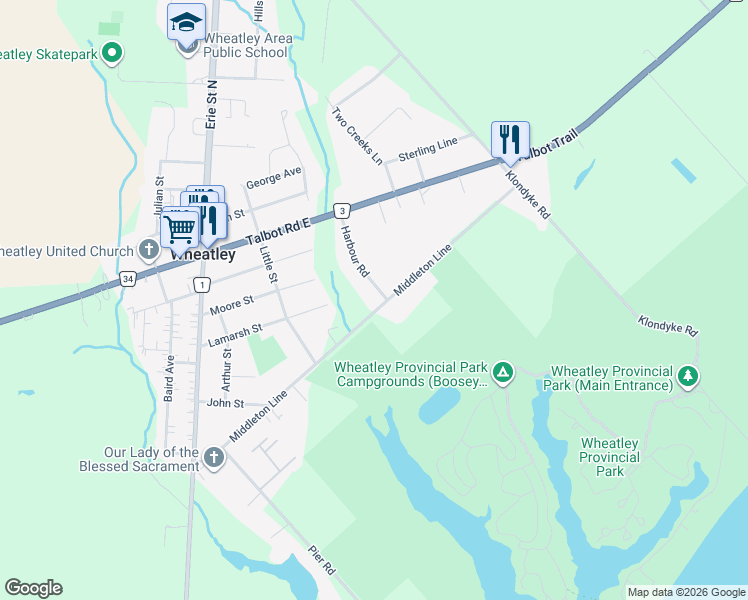 map of restaurants, bars, coffee shops, grocery stores, and more near 592 Middleton Line in Chatham-Kent