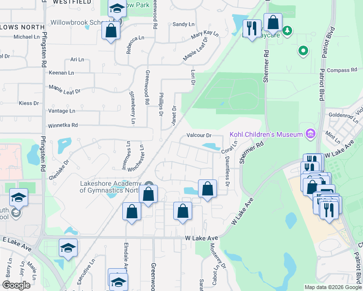 map of restaurants, bars, coffee shops, grocery stores, and more near 3231 Coral Lane in Glenview