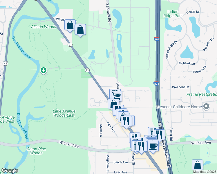 map of restaurants, bars, coffee shops, grocery stores, and more near in Glenview