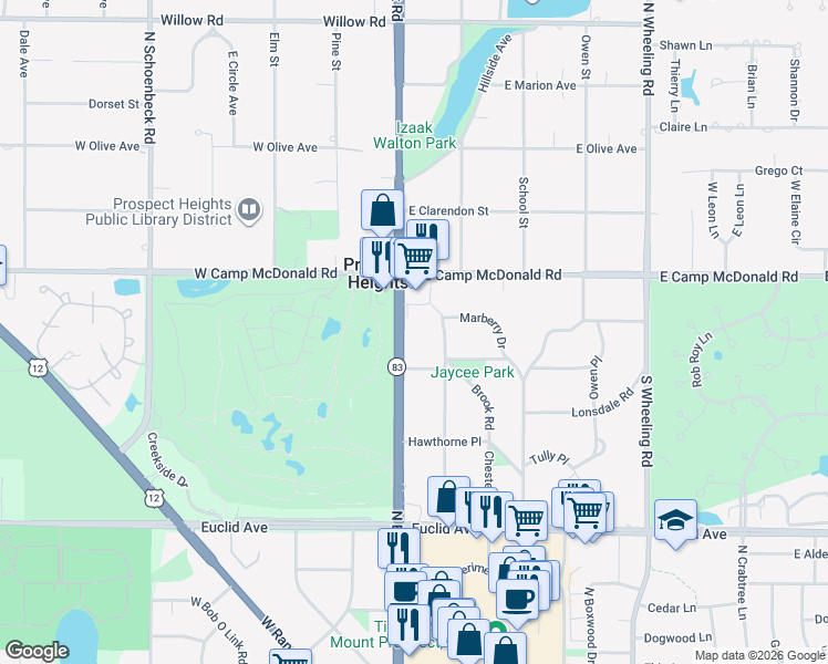 map of restaurants, bars, coffee shops, grocery stores, and more near 19 South Elmhurst Road in Prospect Heights