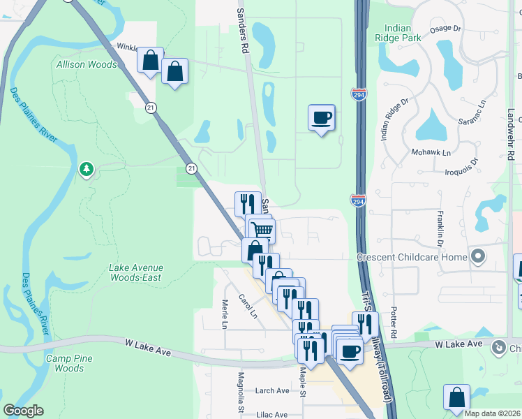 map of restaurants, bars, coffee shops, grocery stores, and more near 3252 Sanders Road in Northbrook