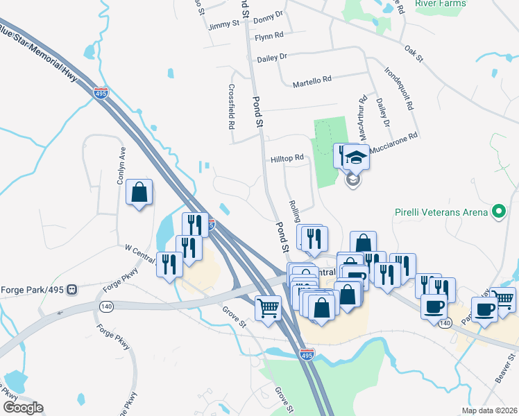 map of restaurants, bars, coffee shops, grocery stores, and more near 65 Pond Street in Franklin