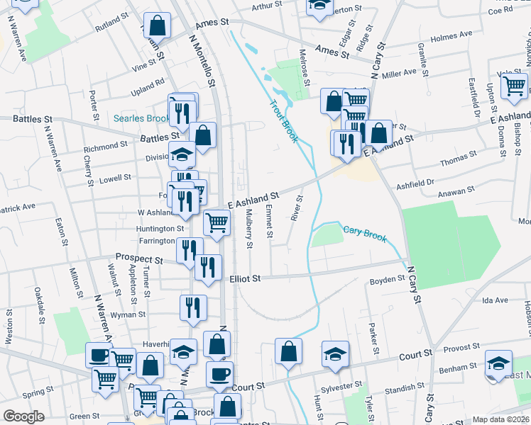 map of restaurants, bars, coffee shops, grocery stores, and more near 65 Emmet Street in Brockton