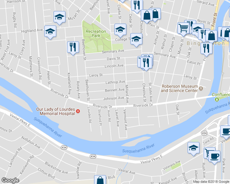 map of restaurants, bars, coffee shops, grocery stores, and more near 48 Laurel Avenue in Binghamton