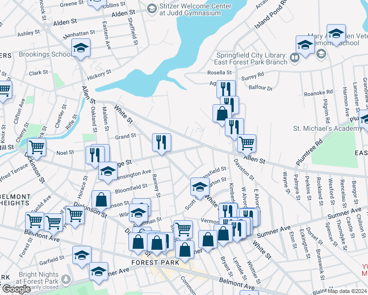 map of restaurants, bars, coffee shops, grocery stores, and more near 390 Orange Street in Springfield