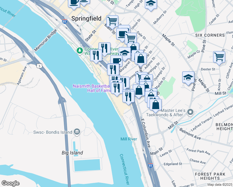 map of restaurants, bars, coffee shops, grocery stores, and more near 1000 Hall of Fame Avenue in Springfield