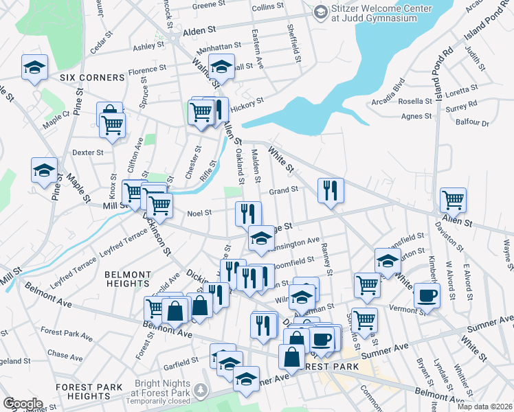 map of restaurants, bars, coffee shops, grocery stores, and more near 299 Oakland Street in Springfield