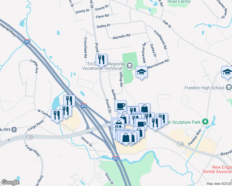 map of restaurants, bars, coffee shops, grocery stores, and more near 10 Rolling Ridge Road in Franklin