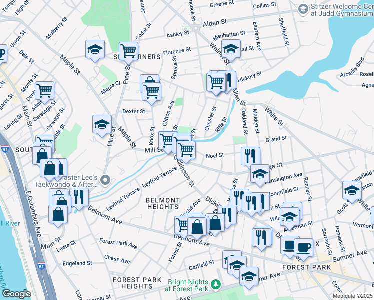map of restaurants, bars, coffee shops, grocery stores, and more near 14 Orange Street in Springfield