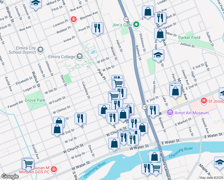 map of restaurants, bars, coffee shops, grocery stores, and more near Park Place & West Clinton Street in Elmira