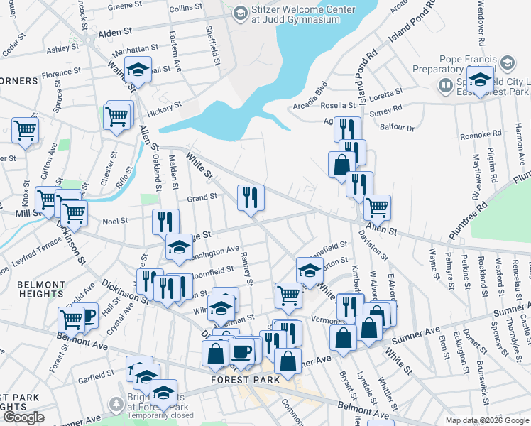 map of restaurants, bars, coffee shops, grocery stores, and more near 35 Thayer Avenue in Springfield