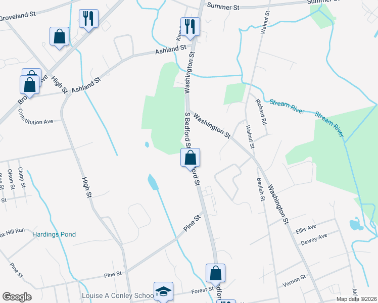 map of restaurants, bars, coffee shops, grocery stores, and more near 2382 Bedford Street in Whitman
