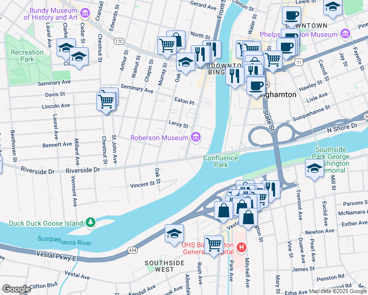map of restaurants, bars, coffee shops, grocery stores, and more near 23 Front Street in Binghamton