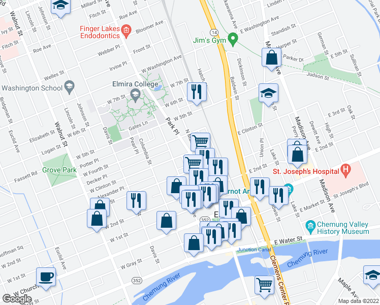 map of restaurants, bars, coffee shops, grocery stores, and more near 252 West Clinton Street in Elmira