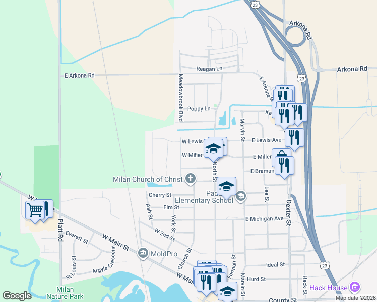 map of restaurants, bars, coffee shops, grocery stores, and more near 70 West Braman Avenue in Milan