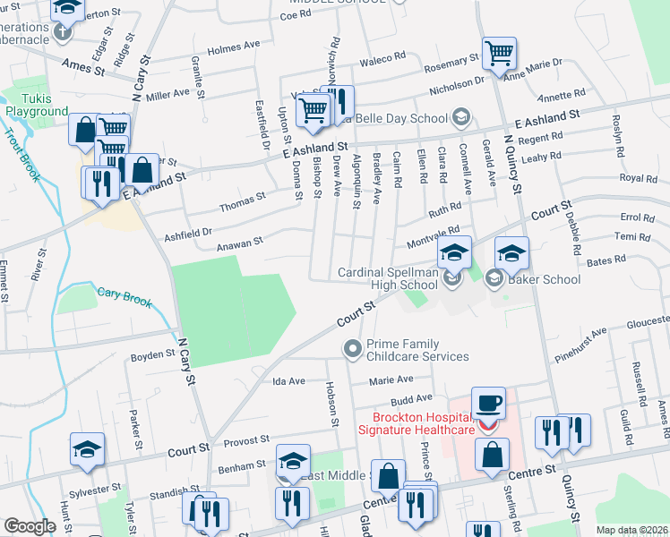 map of restaurants, bars, coffee shops, grocery stores, and more near 191 Moncrief Street in Brockton