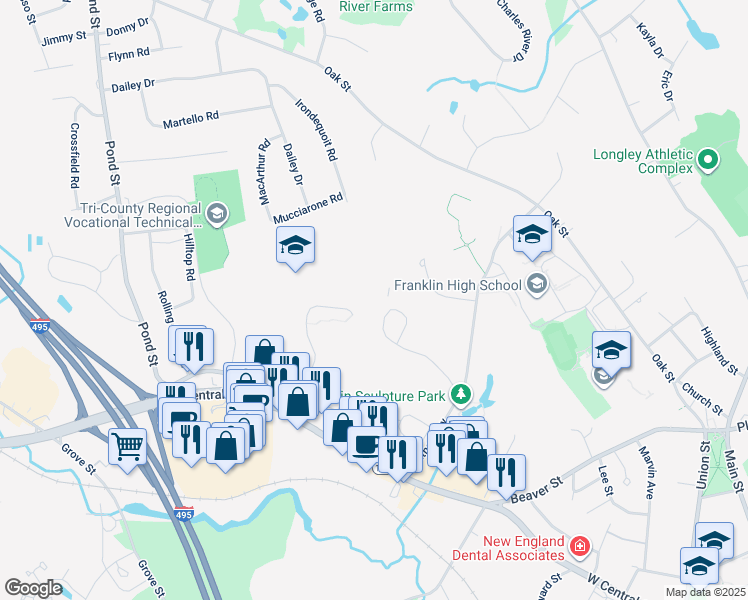 map of restaurants, bars, coffee shops, grocery stores, and more near 129 Highwood Drive in Franklin