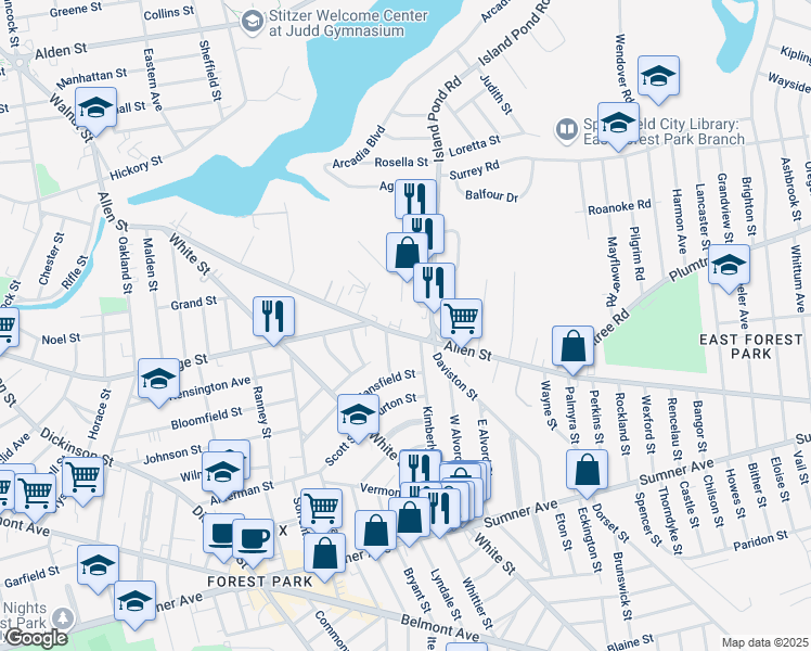 map of restaurants, bars, coffee shops, grocery stores, and more near 326 Allen Street in Springfield