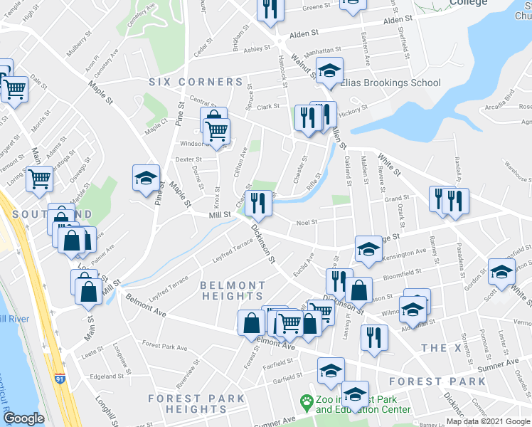 map of restaurants, bars, coffee shops, grocery stores, and more near 14 Orange Street in Springfield