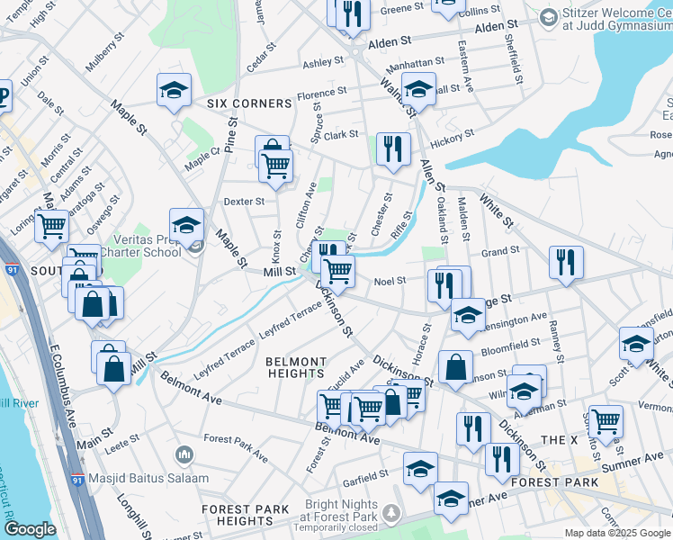 map of restaurants, bars, coffee shops, grocery stores, and more near 14 Orange Street in Springfield