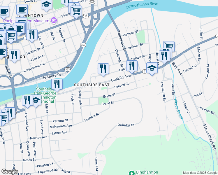 map of restaurants, bars, coffee shops, grocery stores, and more near 33 Evans Street in Binghamton