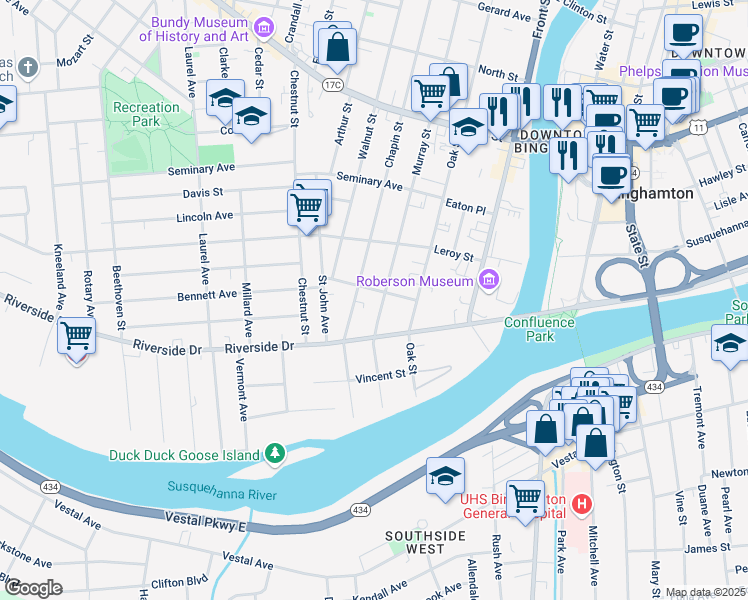map of restaurants, bars, coffee shops, grocery stores, and more near 46 Riverside Drive in Binghamton