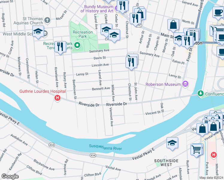 map of restaurants, bars, coffee shops, grocery stores, and more near 4 Millard Avenue in Binghamton