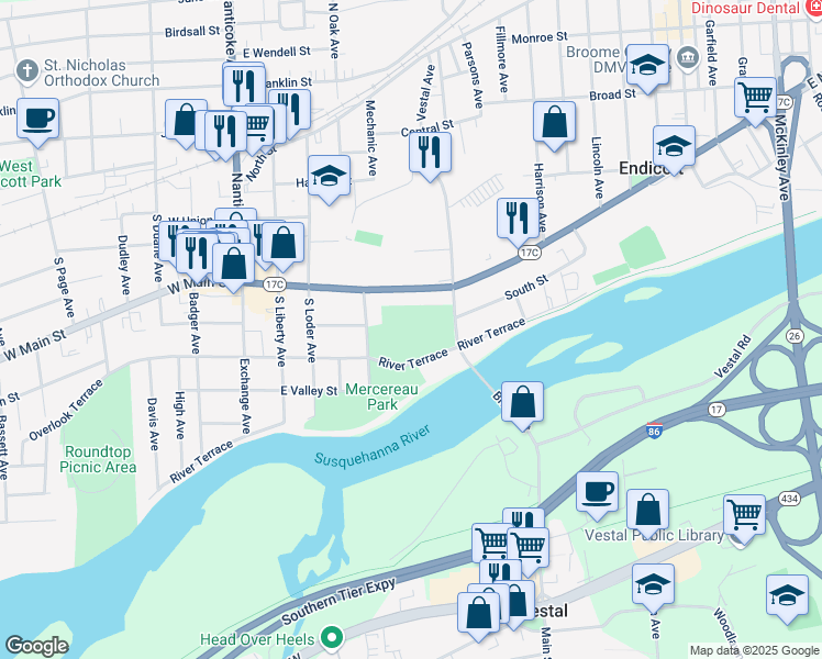 map of restaurants, bars, coffee shops, grocery stores, and more near 400 Vestal Avenue in Endicott