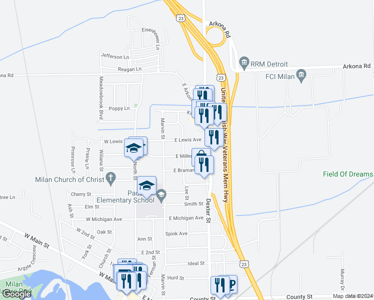 map of restaurants, bars, coffee shops, grocery stores, and more near 1024 Lee Street in Milan