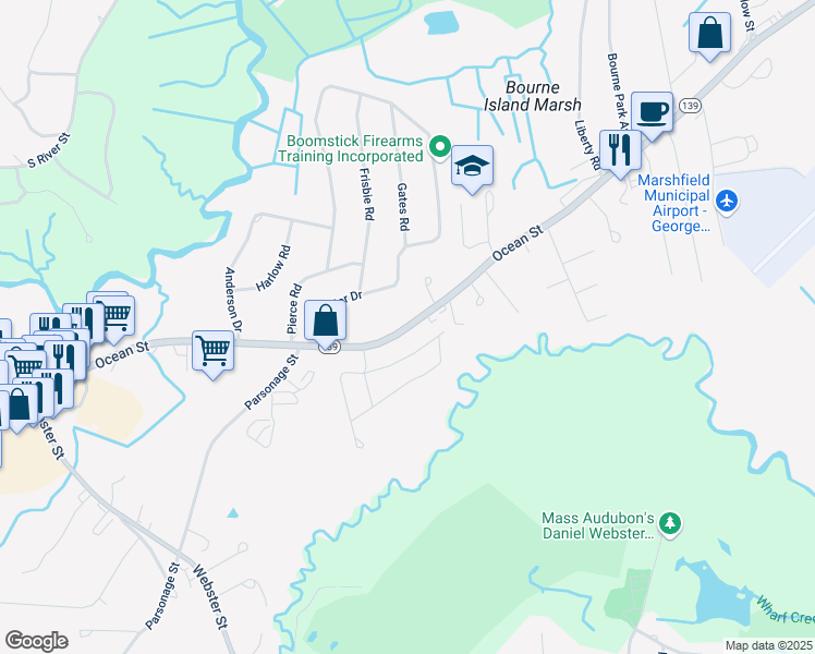 map of restaurants, bars, coffee shops, grocery stores, and more near Rte 139 & Ocean St in Marshfield