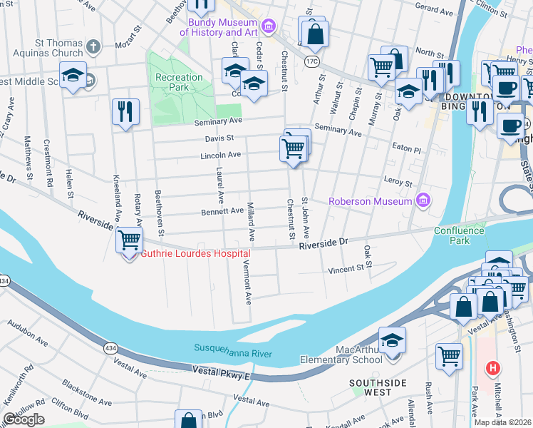 map of restaurants, bars, coffee shops, grocery stores, and more near 4 Millard Avenue in Binghamton