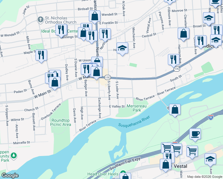 map of restaurants, bars, coffee shops, grocery stores, and more near 200 East Main Street in Endicott