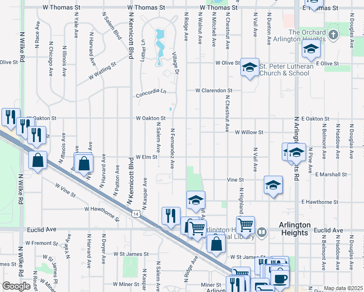 map of restaurants, bars, coffee shops, grocery stores, and more near 945 North Ridge Avenue in Arlington Heights