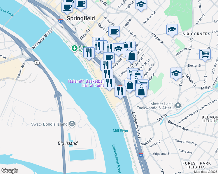 map of restaurants, bars, coffee shops, grocery stores, and more near 1000 Hall of Fame Avenue in Springfield