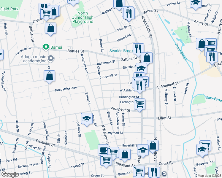 map of restaurants, bars, coffee shops, grocery stores, and more near 95 West Ashland Street in Brockton