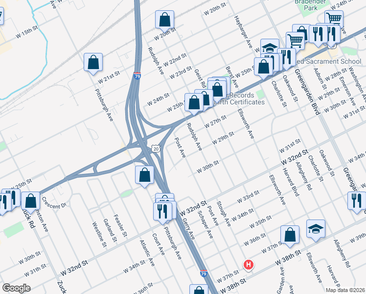 map of restaurants, bars, coffee shops, grocery stores, and more near 2717 Post Avenue in Erie