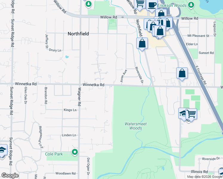 map of restaurants, bars, coffee shops, grocery stores, and more near 1905 Winnetka Road in Northfield