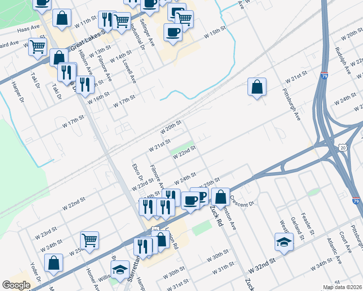 map of restaurants, bars, coffee shops, grocery stores, and more near 2615 West 21st Street in Erie