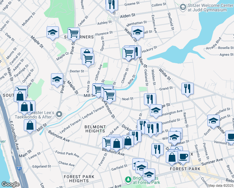 map of restaurants, bars, coffee shops, grocery stores, and more near 20 Rifle Street in Springfield